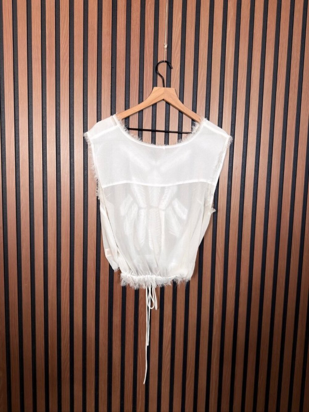 Free People Tank Top Large Women’s White Frayed Mesh V Neck Textured Waist Tie - Picture 2 of 7